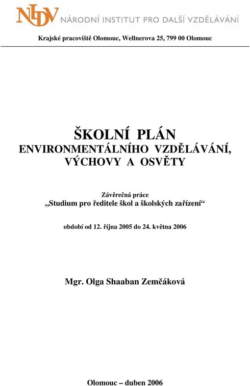 Školní plán environmentálního vzdělávání, výchovy a osvěty : závěrečná práce 
