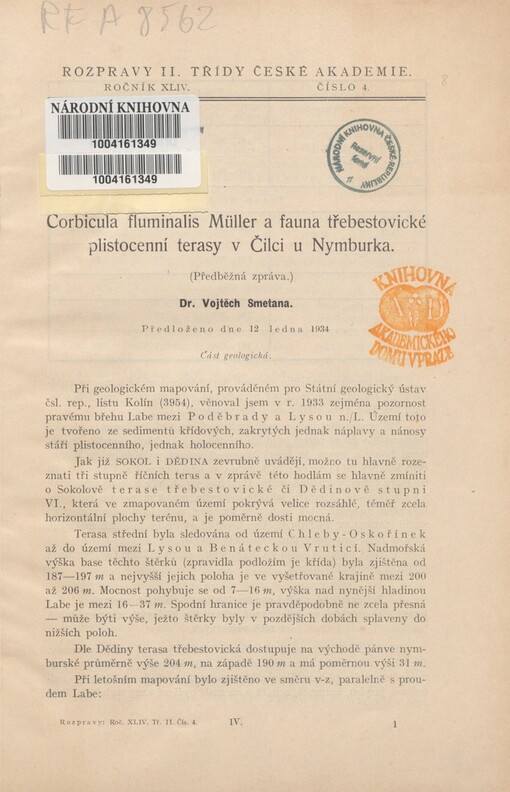 Corbicula fluminalis Müller a fauna třebestovické plistocenní terasy v Čilci u Nymburka: (Předběžná zpráva)