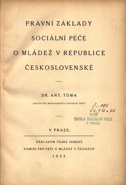 Právní základy sociální péče o mládež v republice Československé