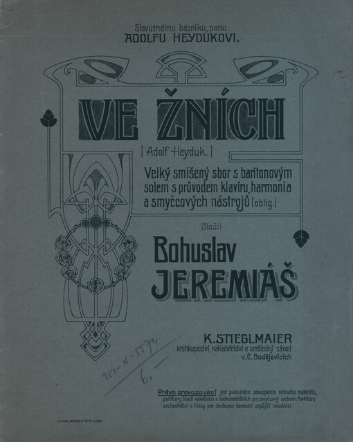 Ve žních (Adolf Heyduk) velký smíšený sbor s baritonovým solem s průvodem klavíru, harmonia a smyčcových nástrojů (oblig.)
