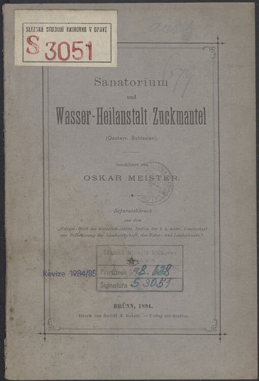 Sanatorium und Wasser-Heilanstalt Zuckmantel (Oesterr. Schlesien)