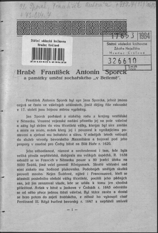 Hrabě František Antonín Sporck a památky umění sochařského 