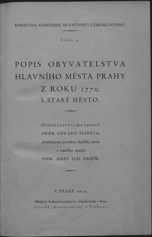 Popis obyvatelstva hlavního města Prahy z roku 1770: Díl 1; Staré Město