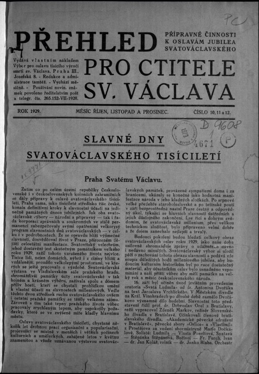Přehled přípravné činnosti k oslavám jubilea svatováclavského: Pro ctitele sv. Václava
