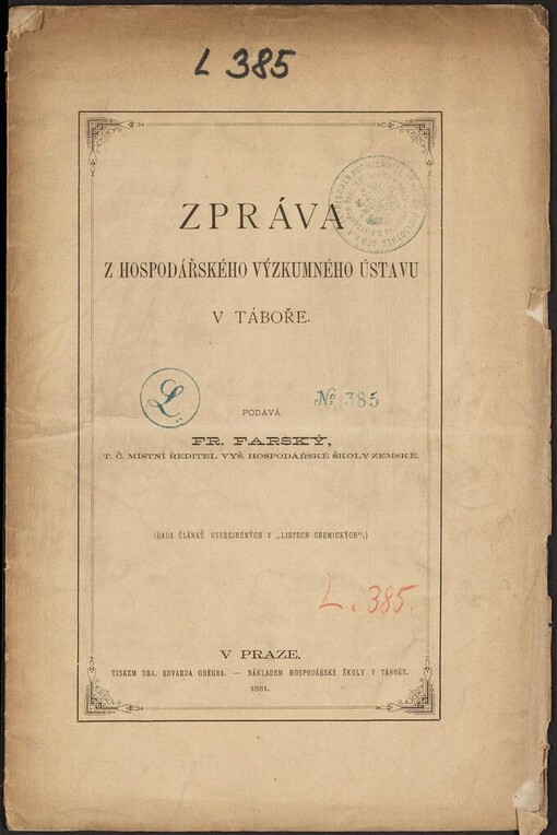 Zpráva z hospodářského výzkumného ústavu v Táboře. 