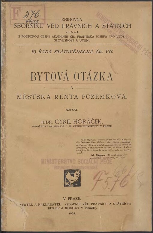 Bytová otázka a městská renta pozemková / napsal Cyril Horáček