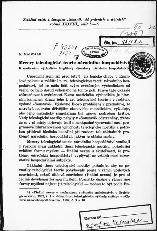 Mezery teleologické teorie národního hospodářství : k noetickému východisku Englišovy Soustavy národního hospodářství / K. Maiwald