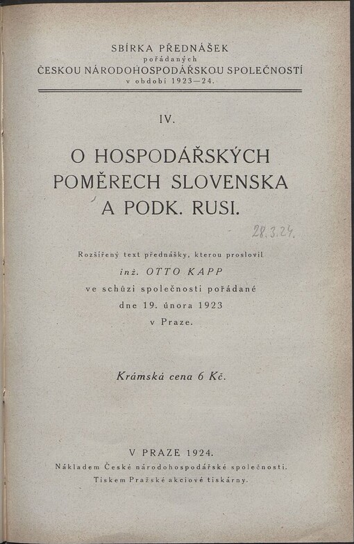 O hospodářských poměrech Slovenska a Podk. Rusi