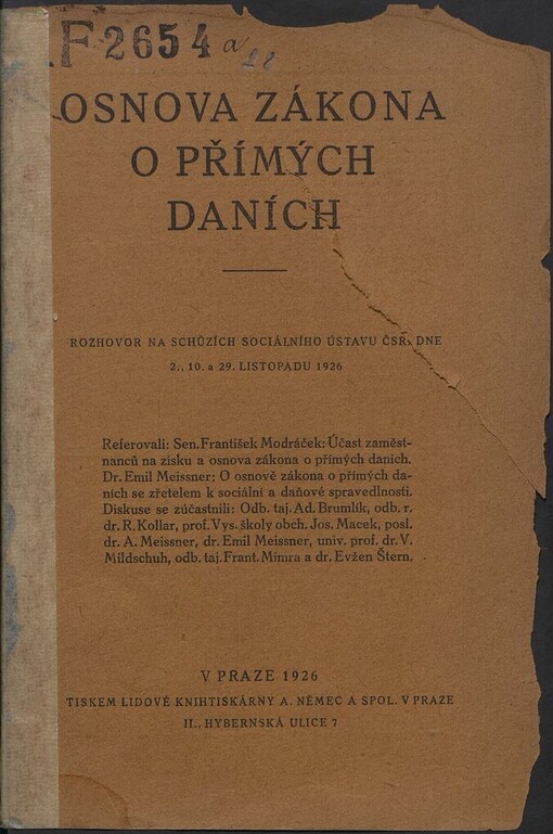 Osnova zákona o přímých daních :rozhovor na schůzích Sociálního ústavu ČSR, dne 2., 10. a 29. listopadu 1926