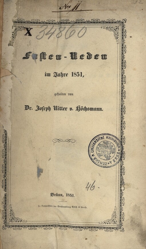 Fasten-Reden im Jahre 1851, gehalten in der Kirche der PP. Minoriten in Brünn