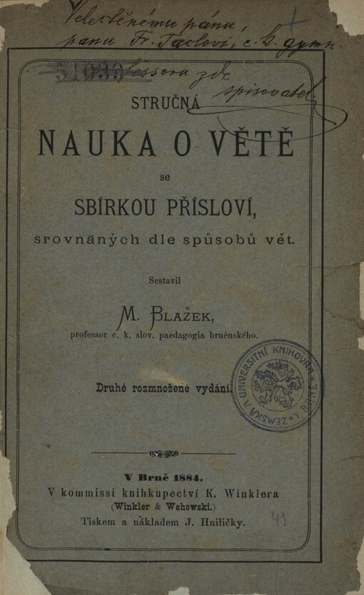 Stručná nauka o větě se sbírkou přísloví, srovnaných dle spůsobů vět