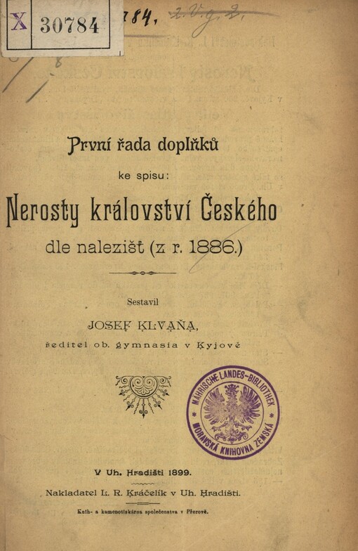 První řada doplňků ke spisu Nerosty království českého dle nalezišť (z r. 1886)