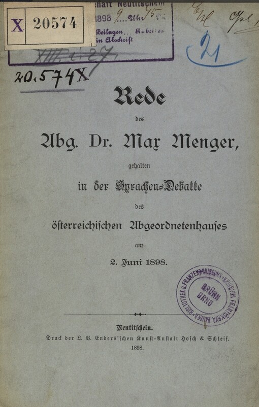 Rede des Max Menger gehalten in der Sprachen-Debatte des österreichischen Abgeordnetenhauses am 2. Juni 1898