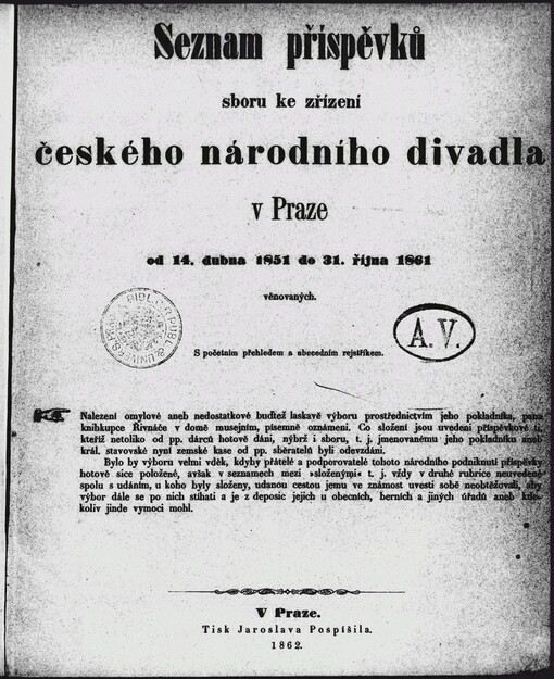 Seznam příspěvků sboru ke zřízení českého národního divadla v Praze od 14. dubna 1851 do října 1861 věnovaných: s početním přehledem a abecedním rejstříkem
