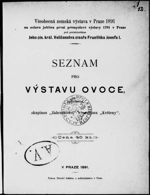 Seznam pro výstavu ovoce, pořádanou skupinou Zahradnictví v pavilonu Květeny