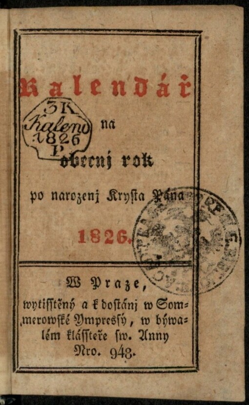 Kalendář na obecnj rok po narozenj Krysta Pána 1826
