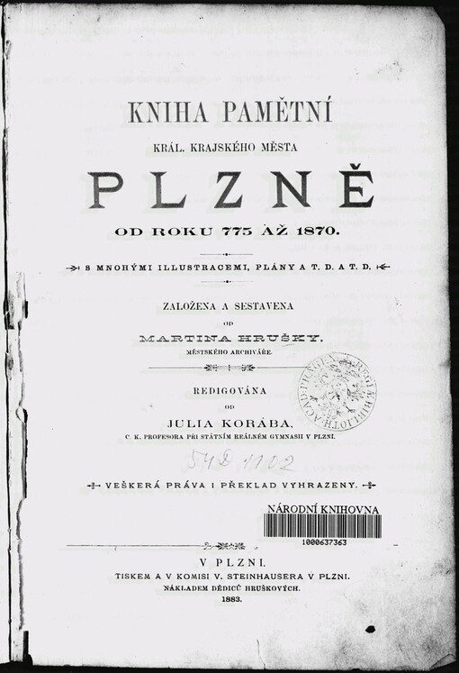 Kniha pamětní král. krajského města Plzně od roku 775 až 1870