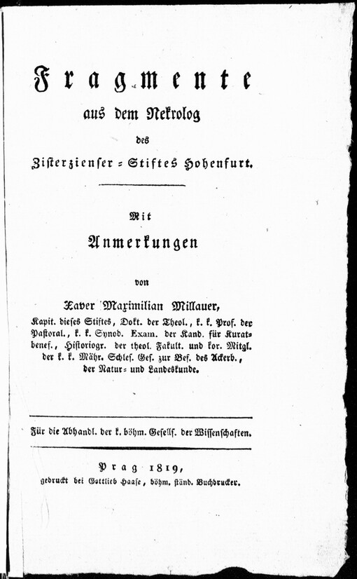 Fragmente aus dem Nekrolog des Zisterzienser-Stiftes Hohenfurt