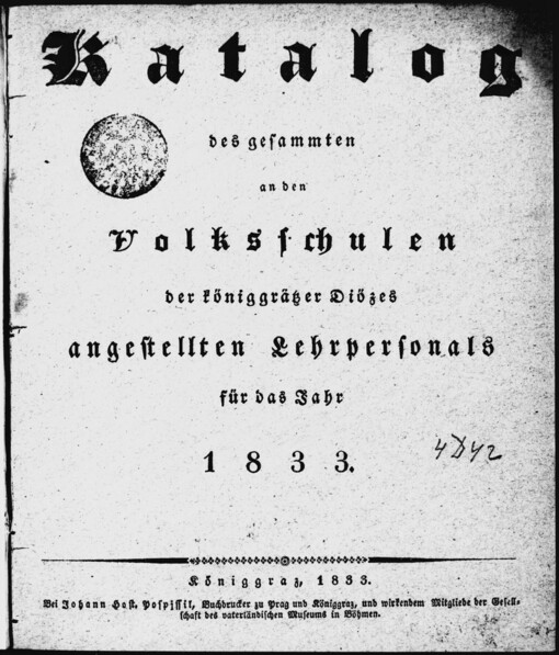 Katalog des gesammten an den Volksschulen der königgrätzer Diözes angestellten Lehrpersonals für das Jahr 1833
