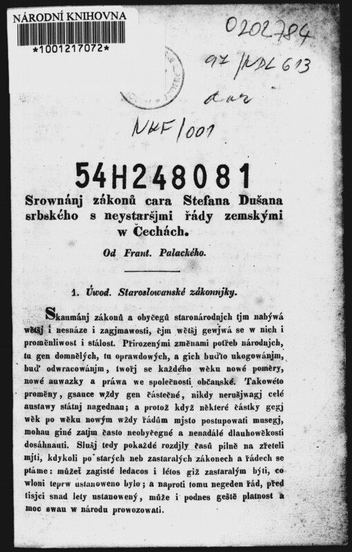 Srownánj zákonů cara Stefana Dušana srbského s nejstaršjmi řády zemskými w Čechách