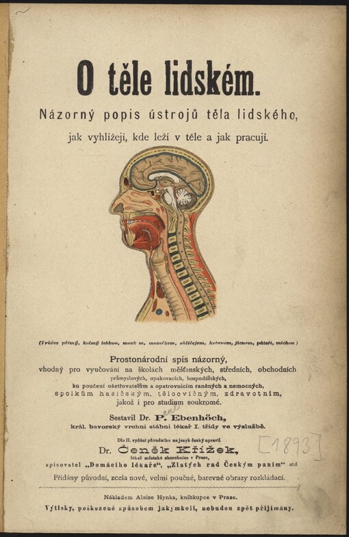 O těle lidském: názorný popis ústrojů těla lidského, jak vyhlížejí, kde leží v těle a jak pracují : prostonárodní spis názorný, vhodný pro vyučování na školách, ... jakož i pro studium soukromé : přidány původní, zcela nové, velmi poučné, barevné obrazy rozkládací