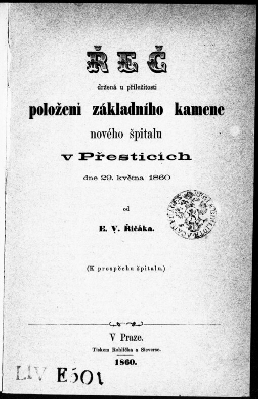 Řeč držená u příležitosti položení základního kamene nového špitalu v Přešticích dne 29. května 1860