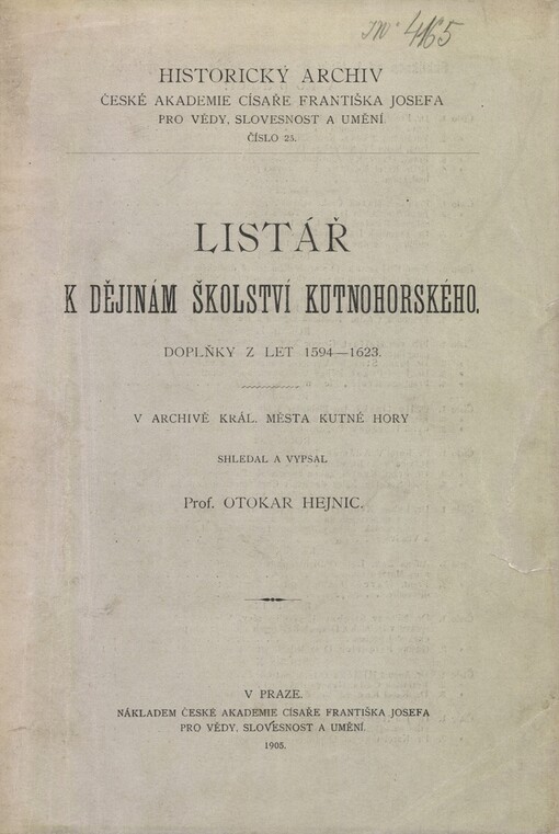 Listář k dějinám školství kutnohorského :doplňky z let 1594-1623