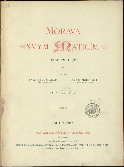 Morava svým Maticím :Pamětní list
