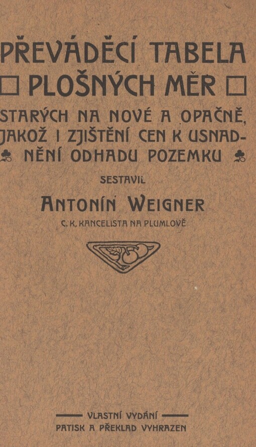 Převáděcí tabela plošných měr starých na nové a opačně, jakož i zjištění cen k usnadnění odhadu pozemku
