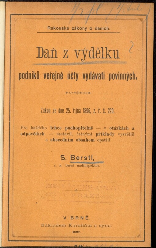 Daň z výdělku podniků veřejné účty vydávati povinných: zákon ze dne 25. října 1896, ř.z.č. 220