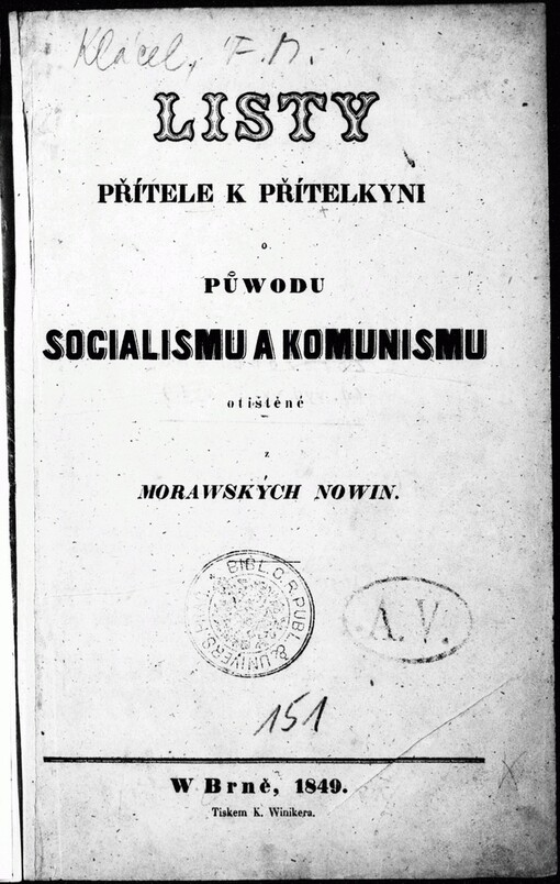 Listy přítele k přítelkyni o půwodu socialismu a komunismu otištěné z Morawských nowin