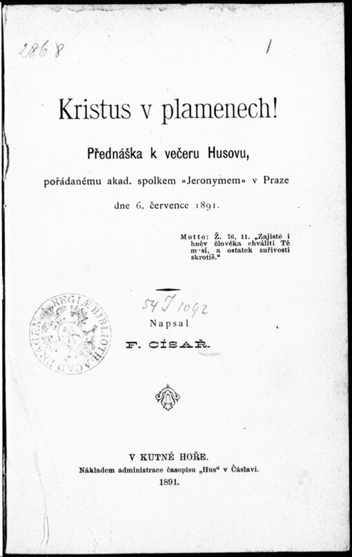 Kristus v plamenech!: přednáška k večeru Husovu, pořádanému akad. spolkem 