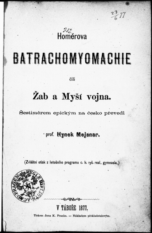 Homérova Batrachomyomachie, čili, Žab a myší vojna