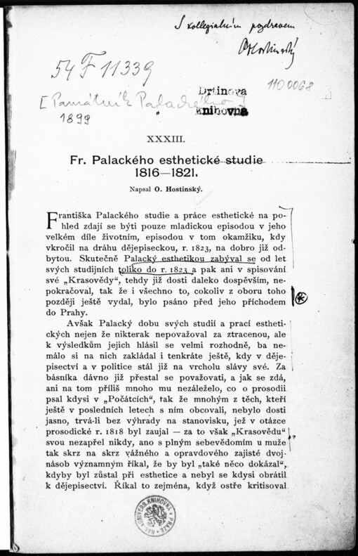 Fr. Palackého esthetické studie 1816-1821