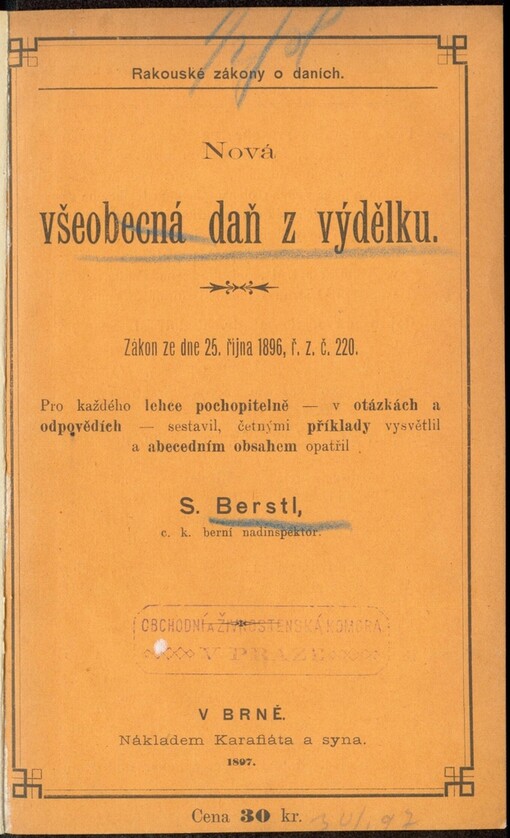 Nová všeobecná daň z výdělku: zákon ze dne 25. října 1896, ř.z.č. 220