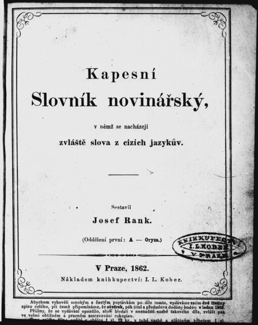 Kapesní slovník novinářský v němž se nacházejí zvláště slova z cizích jazykův
