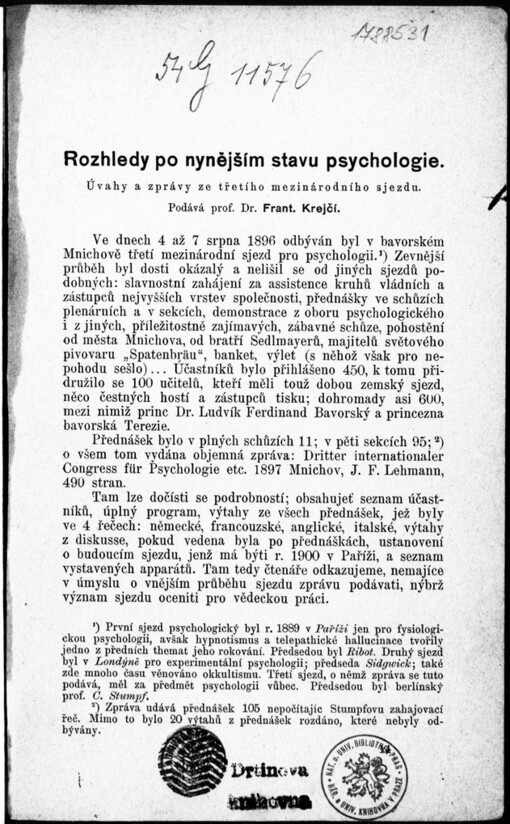 Rozhledy po nynějším stavu psychologie: úvahy a zprávy ze třetího mezinárodního sjezdu