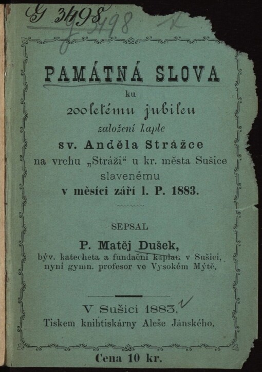 Památná slova ku 200letému jubileu založení kaple sv. Anděla Strážce na vrchu 