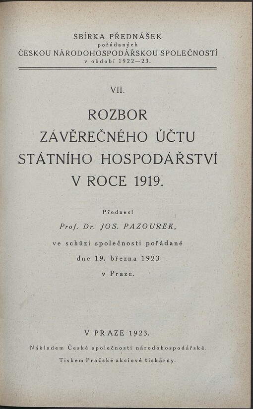 Rozbor závěrečného účtu státního hospodářství v roce 1919
