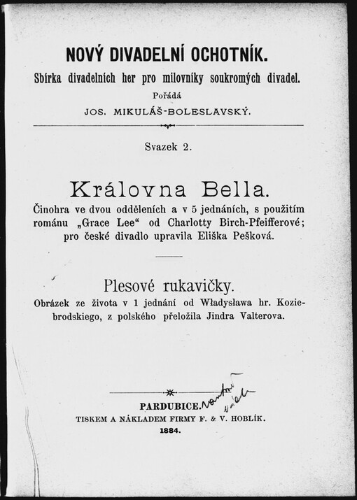 Královna Bella: činohra ve dvou odděleních a v 5 jednáních