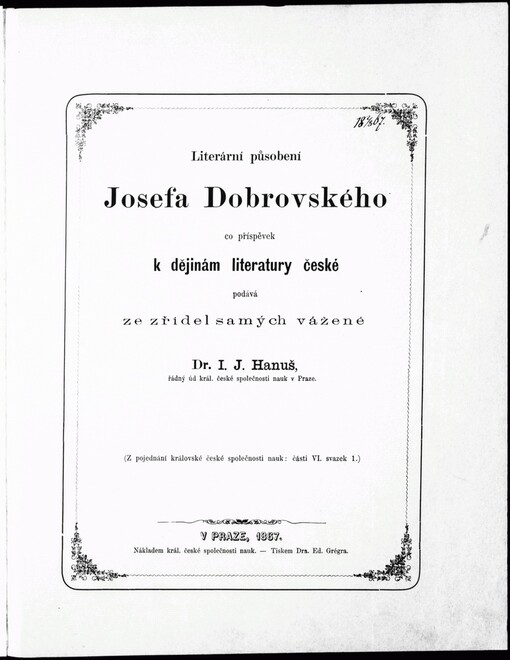 Literární působení Josefa Dobrovského co příspěvek k dějinám literatury české