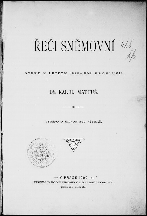 Řeči sněmovní, které v letech 1878-1892 promluvil Karel Mattuš