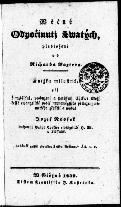 Wěčné odpočinutj Swatých, předložené od Richarda Baxtera