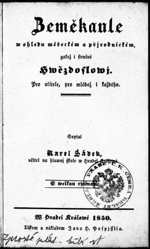 Zeměkaule w ohledu měřeckém a přjrodnickém, jakož i stručné Hwězdoslowj: pro učitele, pro mládež i každého