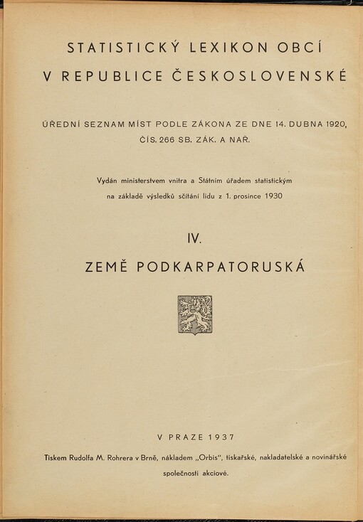 Statistický lexikon obcí v zemi podkarpatoruské: Úřední seznam míst podle zákona ze dne 14. dubna 1920, čís. 266 Sb. zák. a nař