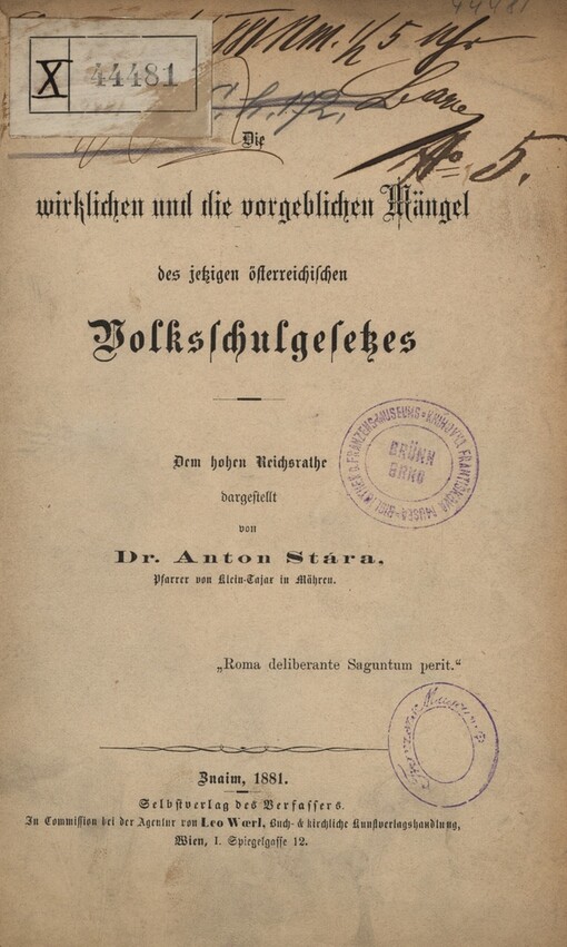 Die wirklichen und die vorgeblichen Mängel des jetzigen österreichischen Volksschulgesetzes