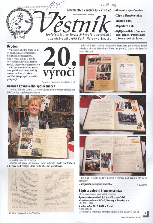 Věstník Společenstva uměleckých kovářů a zámečníků a kovářů-podkovářů Čech, Moravy a Slezska