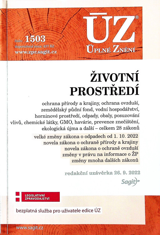 Životní prostředí : ochrana přírody a krajiny, ochrana ovzduší, zemědělský půdní fond, vodní hospodářství, horninové prostředí, odpady, obaly, posuzování vlivů, chemické látky, GMO, havárie, prevence znečištění, ekologická újma a další - celkem 28 zákonů : velké změny zákona o odpadech od 1.10.2022, novela zákona o ochraně přírody a krajiny, novela zákona o ochraně ovzduší, změny v právu na informace o ŽP, změny mnoha dalších zákonů : redakční uzávěrka 26.9.2022