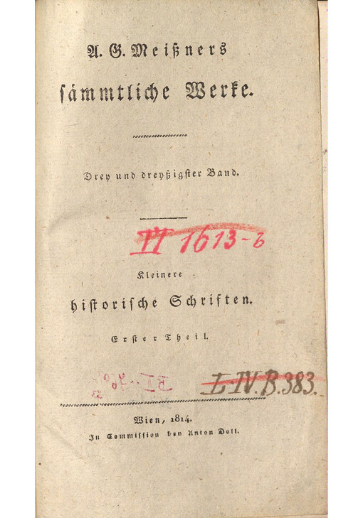 A.G. Meißners sämmtliche Werke. Drey und dreißigster Band, Kleinere historische Schriften, erster Theil