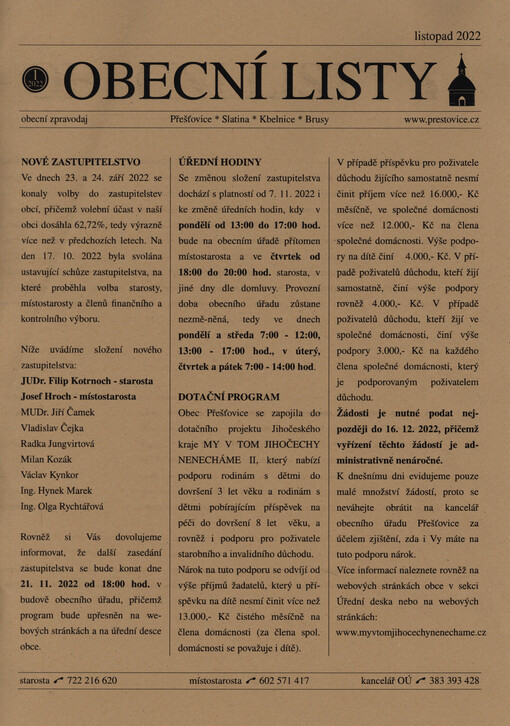 Obecní listy : obecní zpravodaj Přešťovice, Slatina, Kbelnice, Brusy